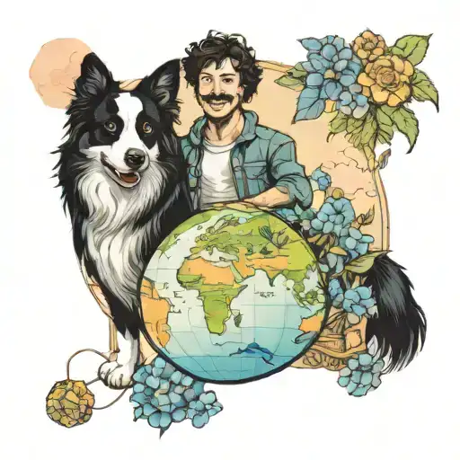 Man and a border collie walking ontop of  the globe that is smiling, bordered by delphinium birth flowers  tattoo design idea