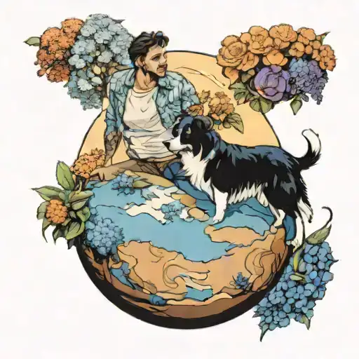 Man and a border collie walking ontop of a shrunken globe that is smiling, bordered by delphinium birth flowers  tattoo design idea