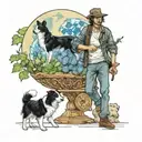 Man and a border collie wslking on the globe that is smiling, bordered by delphinium birth flowers  tattoo design idea