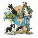 Man and a border collie wslking on the globe that is smiling, bordered by delphinium birth flowers  tattoo design idea