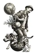 Man and a dog walking on a globe that is smiling, bordered by delphiniums tattoo design idea