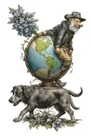 Man and a dog walking on a globe that is smiling, bordered by delphiniums tattoo design idea