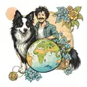 Man and a border collie walking ontop of  the globe that is smiling, bordered by delphinium birth flowers  tattoo design idea