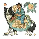 Man and a border collie walking ontop of  the globe that is smiling, bordered by delphinium birth flowers  tattoo design idea
