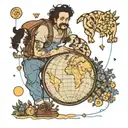 Man and a border collie walking ontop of  the globe that is smiling, bordered by delphinium birth flowers  tattoo design idea
