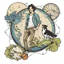 Man and a border collie walking ontop of  the globe that is smiling, bordered by delphinium birth flowers  tattoo design idea