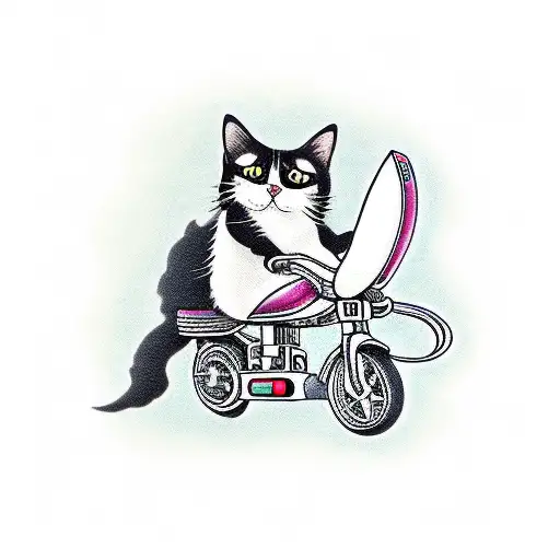 long haired tuxedo cat riding a razor scooter tattoo design idea