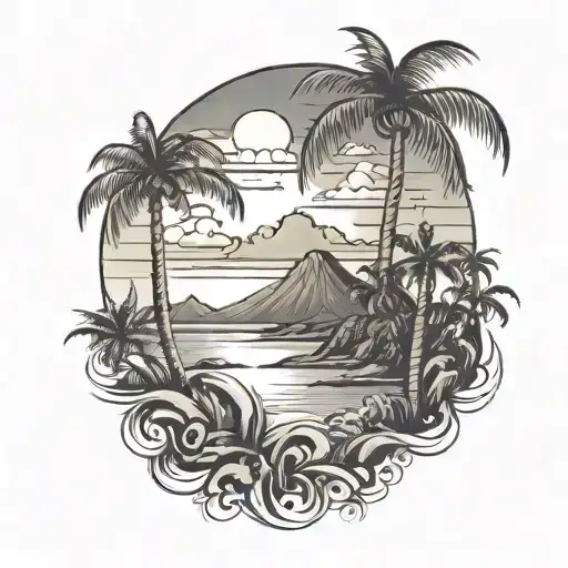 Beach sunset with palm trees and volcano  tattoo design idea