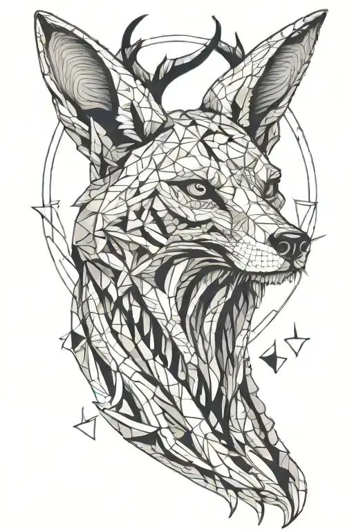 fox skull with antlers howling into a moon in the background tattoo design idea