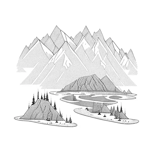 a little icy lake, with mountains and trees behind it that calls you to go into it for a tranquil mind. for yourself tattoo design idea