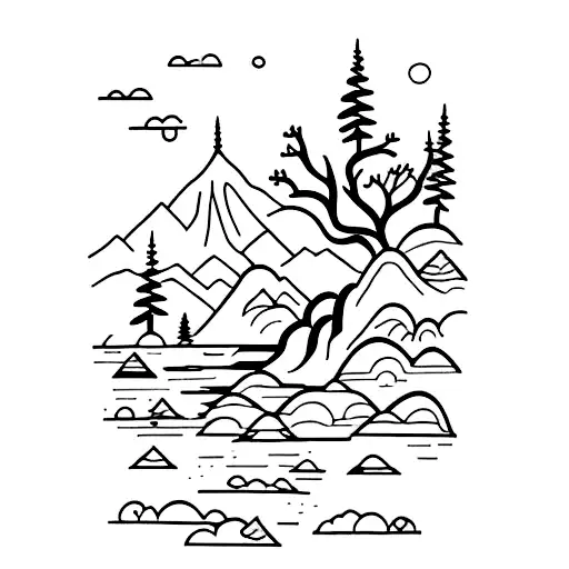 a little icy lake, with mountains and trees behind it that calls you to go into it for a tranquil mind. for yourself tattoo design idea