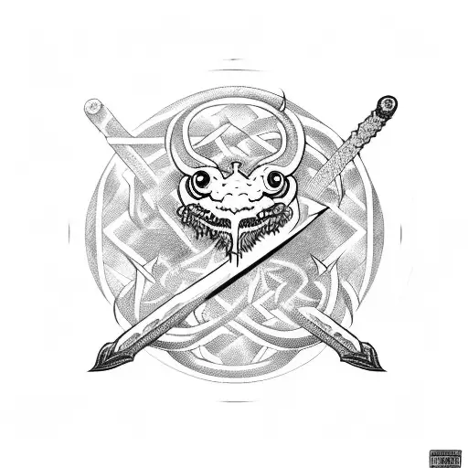  6 eyes with a sword in the center with a snake around the sword with thorns  in a gothic styee with disoriented lines tattoo design idea