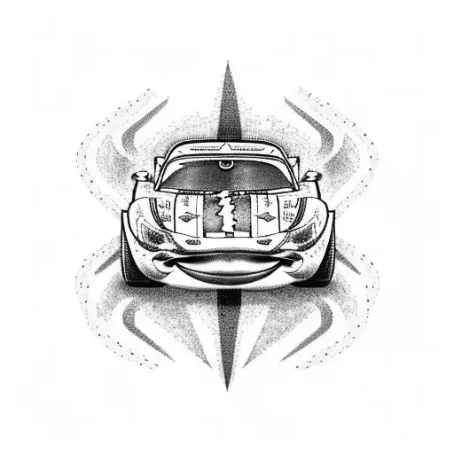 A dotwork tattoo of Lightning McQueen's car body with intricate patterns inspired by traditional Route 66 signs tattoo design idea