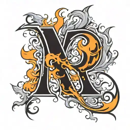 letter R in gothic font in flames coming tattoo design idea