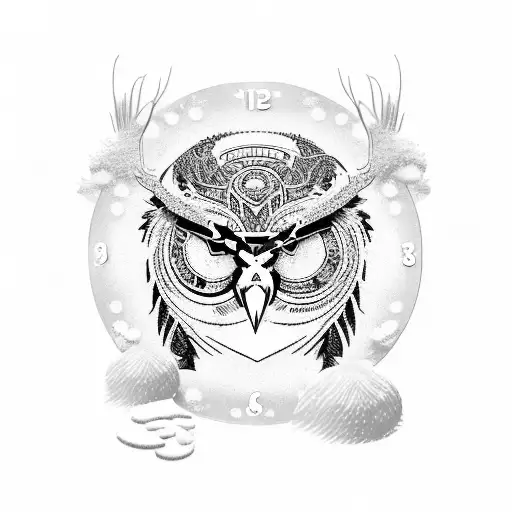 13 hour clock with snow owl and labyrinth tattoo design idea