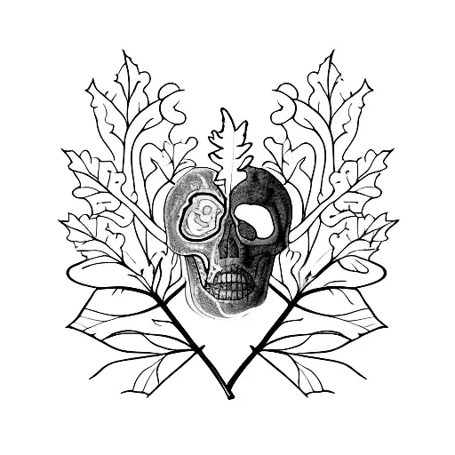 A black and grey tattoo of a CT scanner surrounded by fall foliage, representing the client's passion for their occupation and the beauty of the season tattoo design idea