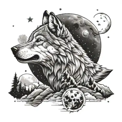A cosmic tattoo featuring a galaxy with wolves howling at the moon tattoo design idea
