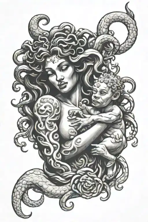Medusa holding a baby minotaur in her arms tattoo design idea