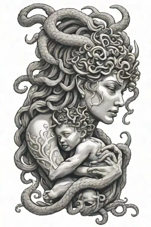 Medusa holding a baby Minotaur tattoo design idea