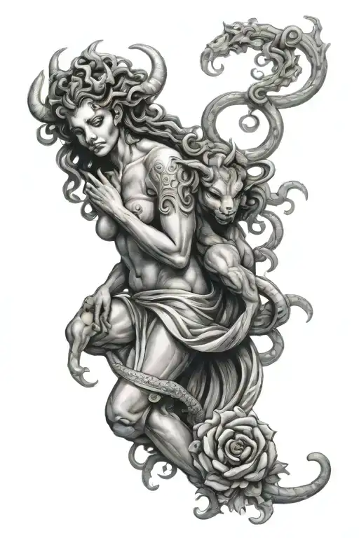 Medusa holding a baby minotaur  tattoo design idea