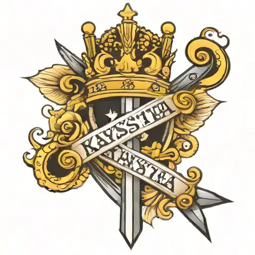 kayastha name tattoo with crown on top on forearms in horizontal direction with two sword cross each other  tattoo design idea