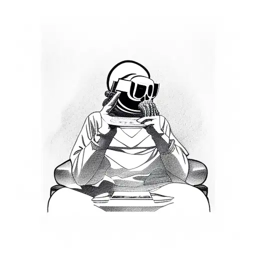 mf doom on couch with bottle in hand tattoo design idea