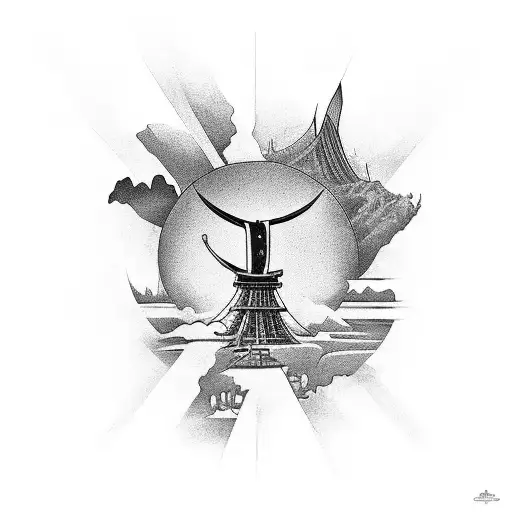 A tattoo combining elements of Brazil, Japan, and London in a black-grey style tattoo design idea