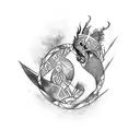 A tattoo combining elements of Brazil, Japan, and London in a black-grey style tattoo design idea