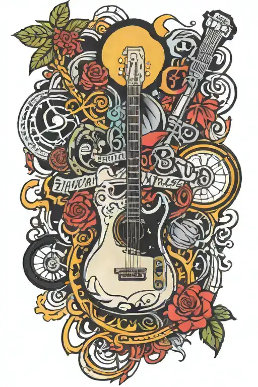 arm sleeve tattoo featuring artwork that represent the bands Sublime, Rancid, Dave Matthews Band, Streetlight Manifesto tattoo design idea