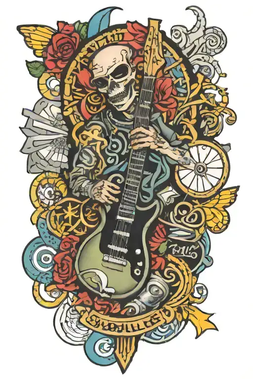 arm sleeve tattoo featuring artwork that represent the bands Sublime, Rancid, Dave Matthews Band, Streetlight Manifesto tattoo design idea