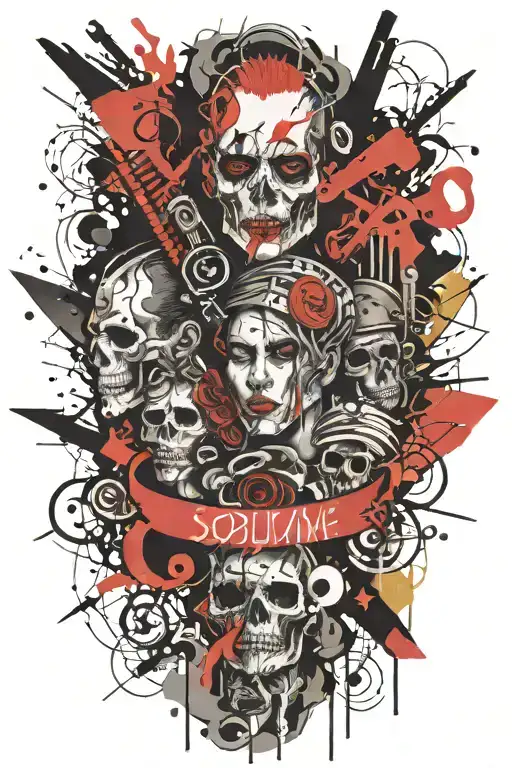arm sleeve tattoo featuring artwork that represent the bands Sublime tattoo design idea