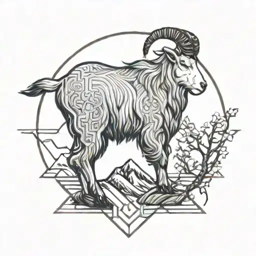 Mountain goat sun Braided hair and mountain tattoo design idea