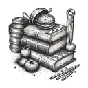 A stack of books with baking tools and ingredients intertwined, in a dotwork style tattoo design idea