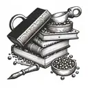A stack of books with baking tools and ingredients intertwined, in a dotwork style tattoo design idea