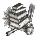 A stack of books with baking tools and ingredients intertwined, in a dotwork style tattoo design idea