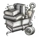 A stack of books with baking tools and ingredients intertwined, in a dotwork style tattoo design idea