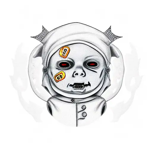 A cute and spooky baby Michael Myers surrounded by Halloween candies tattoo design idea