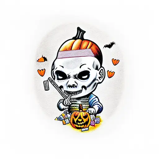 A cute and spooky baby Michael Myers surrounded by Halloween candies tattoo design idea