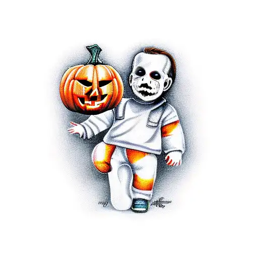 spooky baby Michael myers with pumpkin tattoo design idea