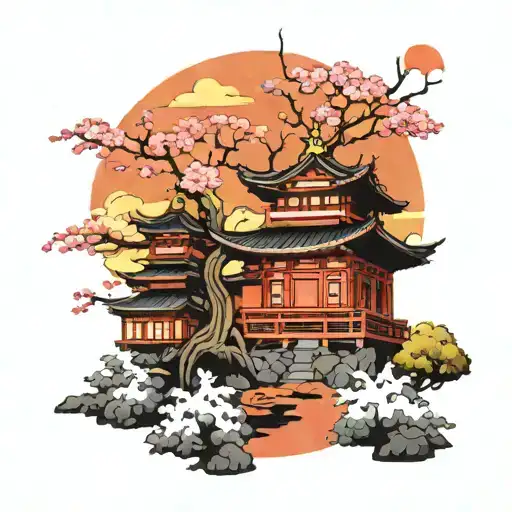 japanese temple with sakura trees colors sunset tattoo design idea