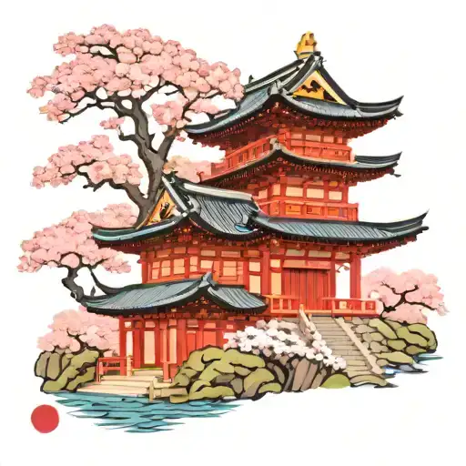  big japanese temple with sakura trees painted red and pink tattoo design idea