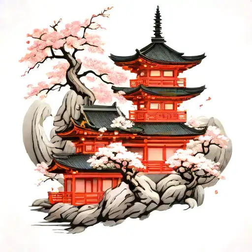  big japanese temple with sakura trees painted red and pink tattoo design idea