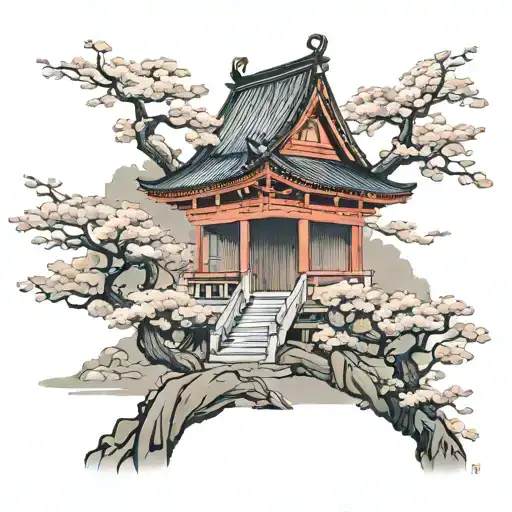 japanese temple with sakura trees tattoo design idea