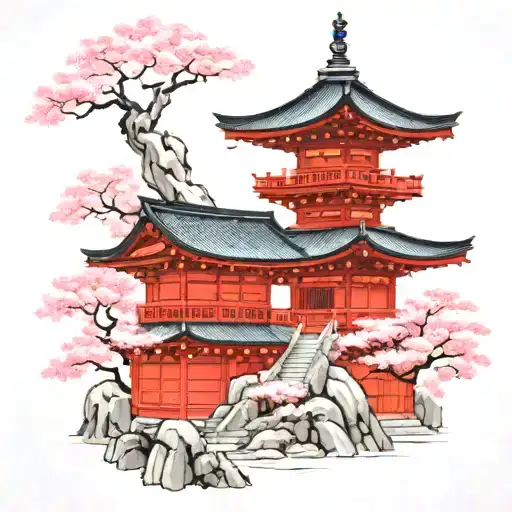  big japanese temple with sakura trees painted red and pink tattoo design idea
