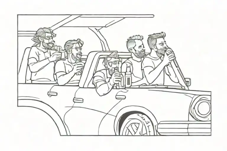 3 Friends in a car roof drinking beer tattoo design idea