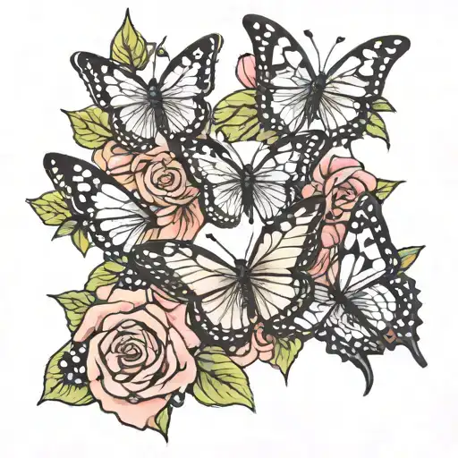  three butterfly and two roses tattoo design idea