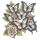  three butterfly and two roses tattoo design idea