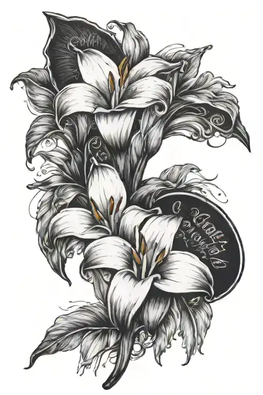A Lily flower, Freesia flower and a Calla Lily inside a Polaroid photo with writing on the bottom tattoo design idea