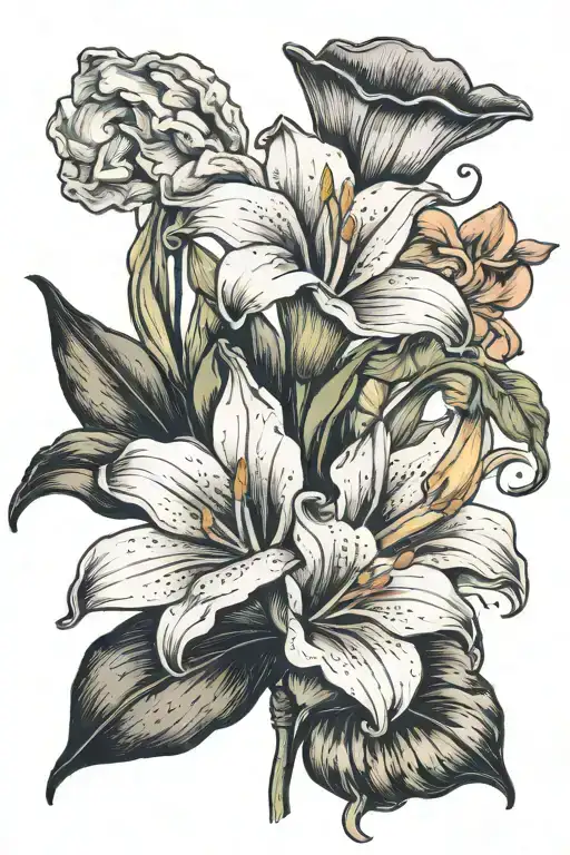 A Lily flower, Freesia flower and a Calla Lily inside a Polaroid photo with writing on the bottom tattoo design idea