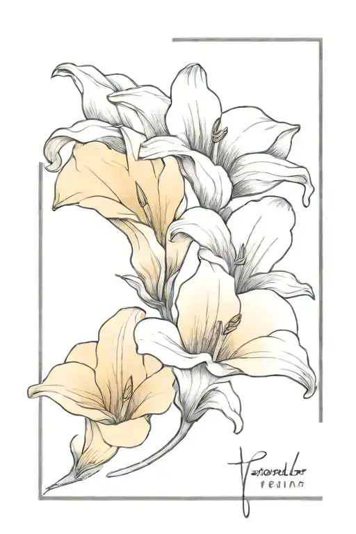 A Lily flower, Freesia flower and a Calla Lily inside a Polaroid photo with writing on the bottom tattoo design idea
